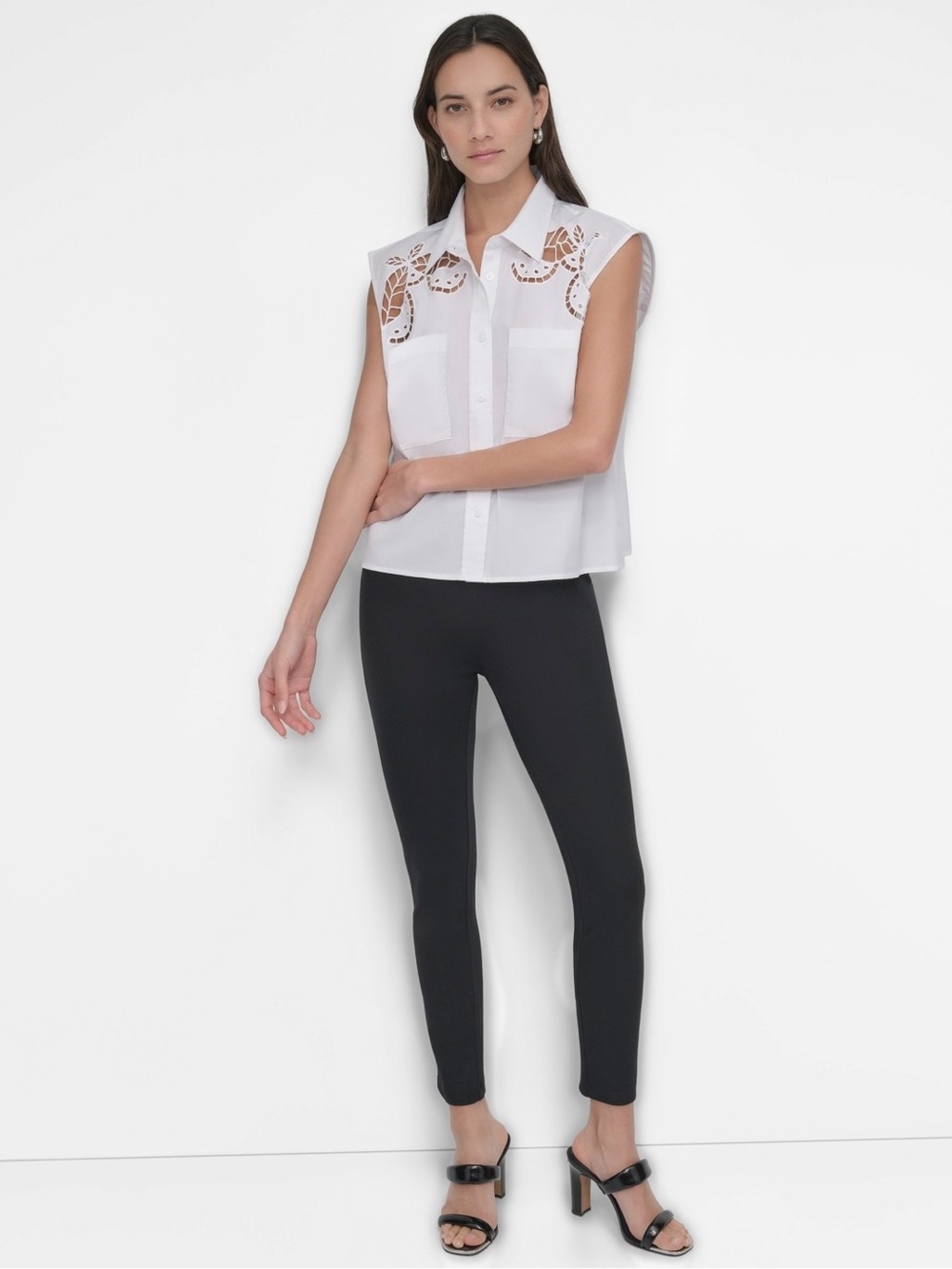 DKNY White Sleeveless Button-Down Top with Eyelet Shoulders. NWT Size XL - Picture 5 of 6